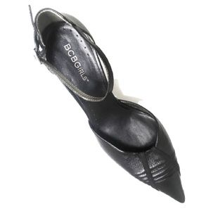 BCBGirls Black Leather Ankle Strap Pointy Heels 7